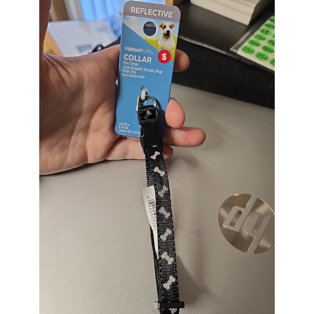 Vibrant Life Reflective Polyester Adjustable Dog Collar Black Small 8"-14" New